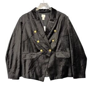 Chicos Blazer 3 Womens 16 Black Velvet Velour Double Breasted‎ Gold Button NWT
